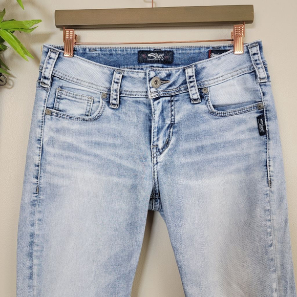 Silver Suki Skinny Jeans Mid Rise Light Blue Jeggings Ripped Knee Stretch 30 10 - Picture 5 of 12